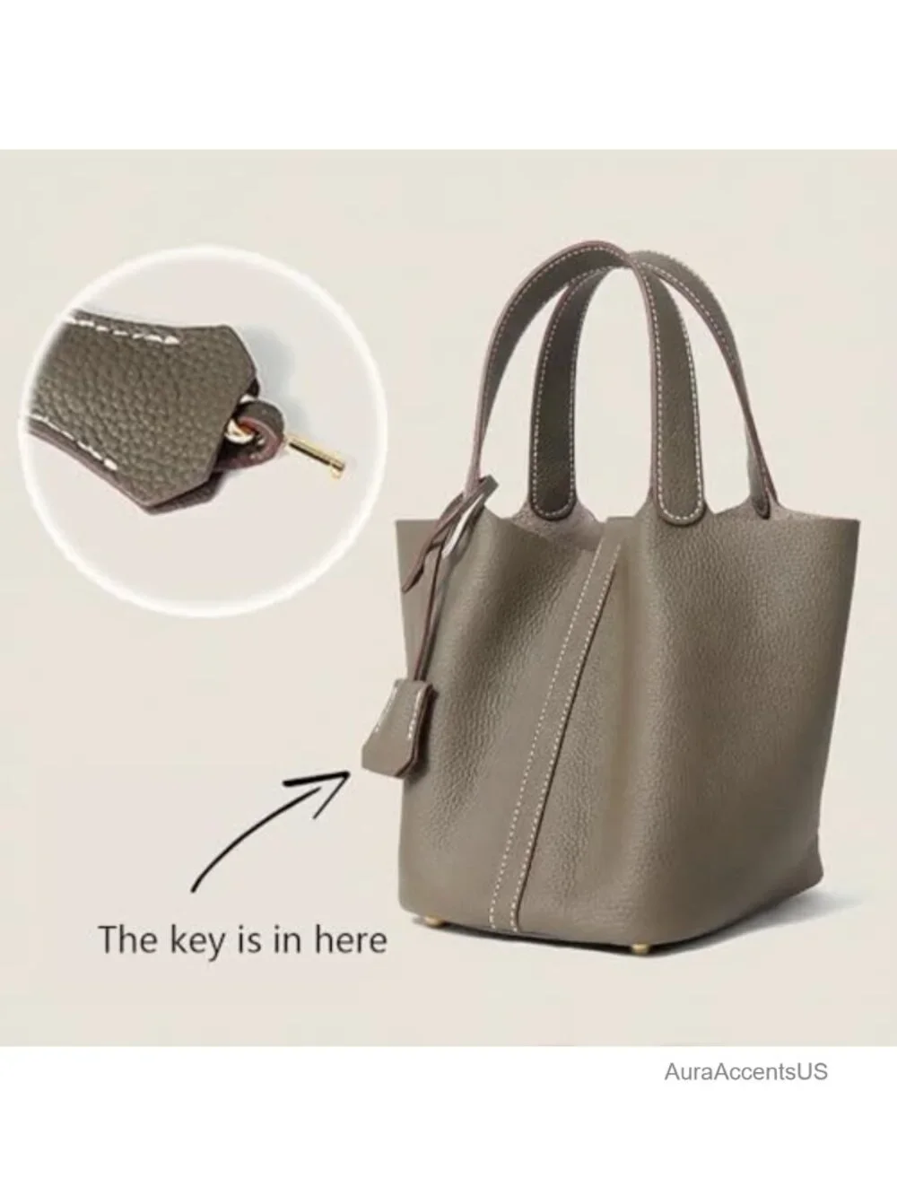Genuine Leather Bucket Bag with Lock Satchel Handbag